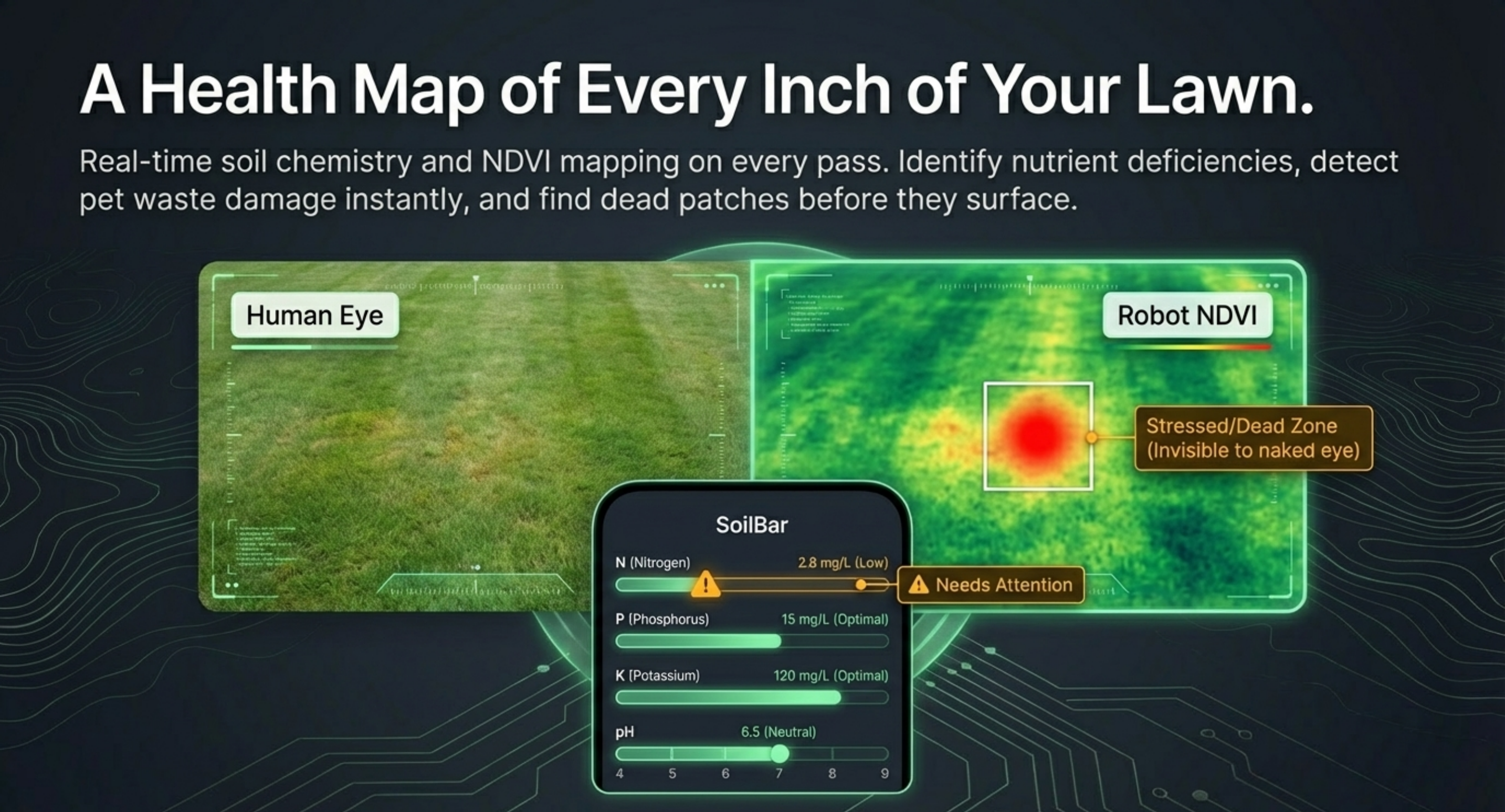 LawnSentinel autonomous seeder routing — detects dead zones via NDVI, docks for seeder attachment, and routes to GPS coordinates to re-seed only the affected area of the lawn