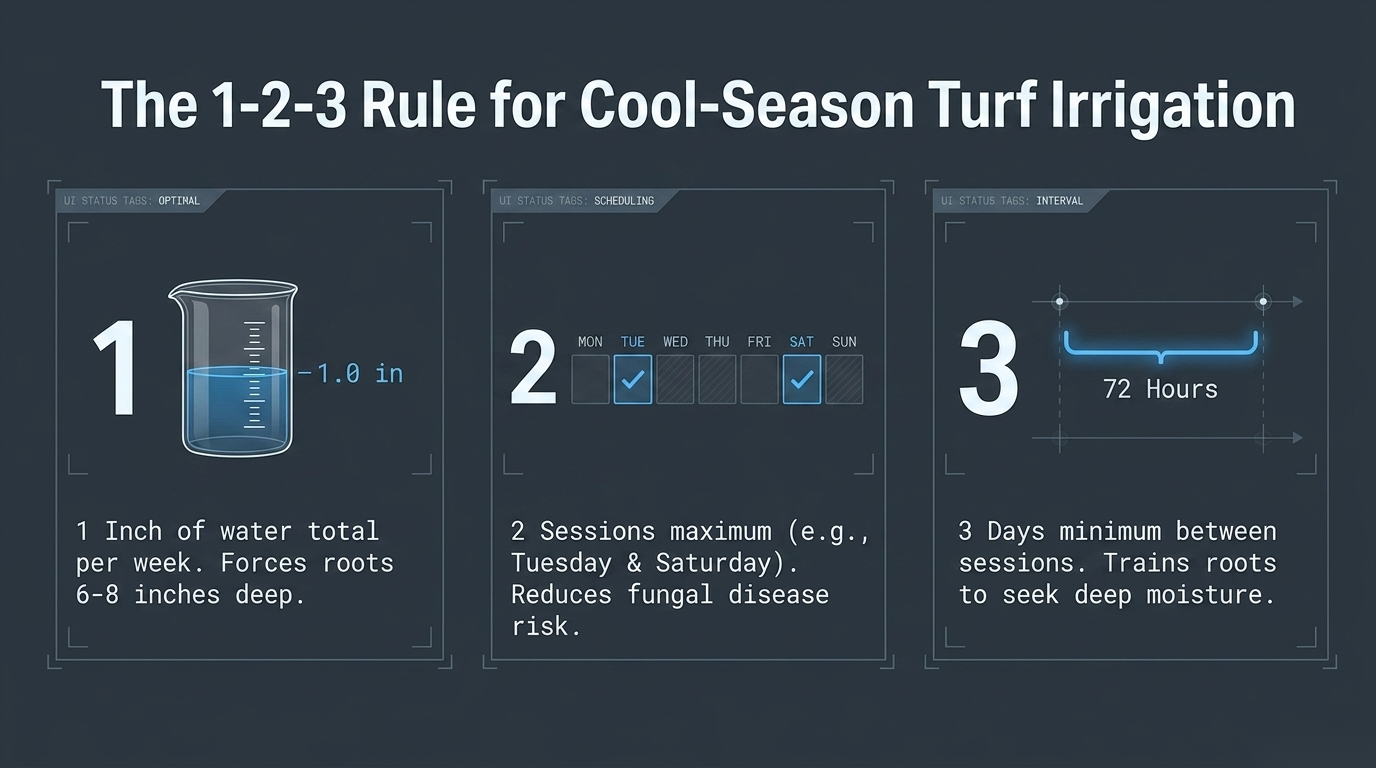 The 1-2-3 rule for cool-season turf irrigation: 1 inch of water per week, 2 sessions maximum, 3 days minimum between watering