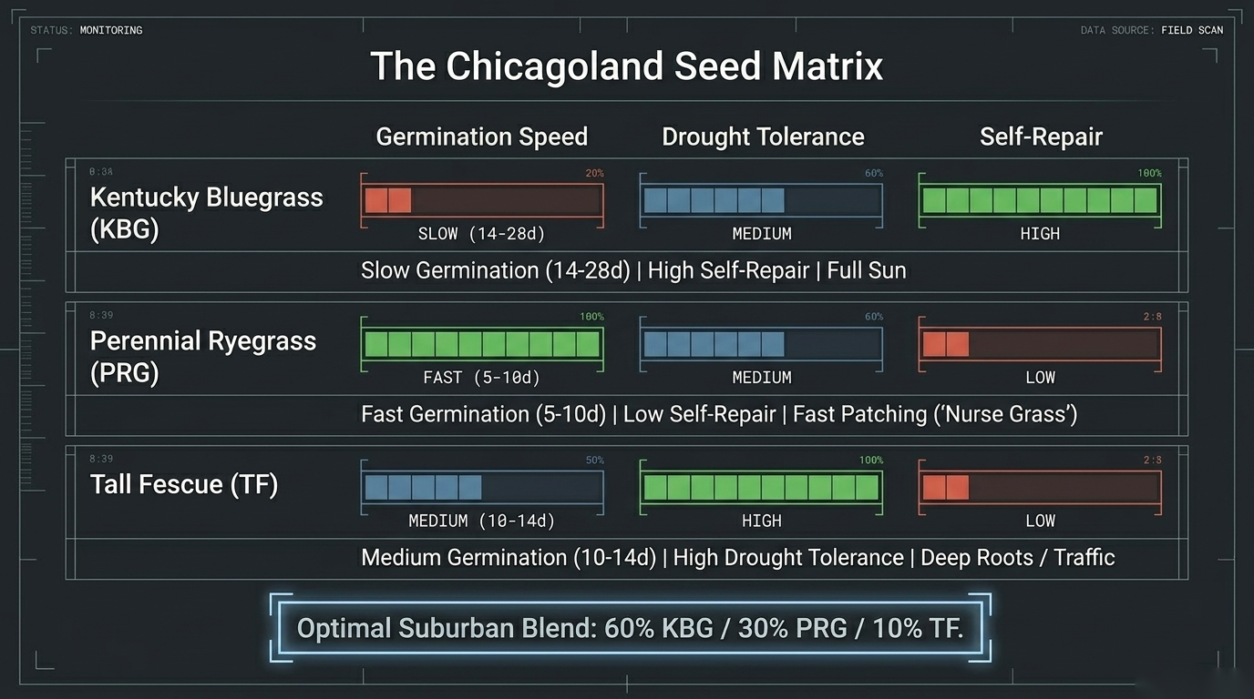 Chicagoland seed matrix: Kentucky Bluegrass, Perennial Ryegrass, Tall Fescue compared by germination speed, drought tolerance, and self-repair — optimal blend 60/30/10